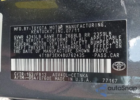 2011 Toyota Camry Le from USA, damaged, VIN 4T1BF3EK4BU762435